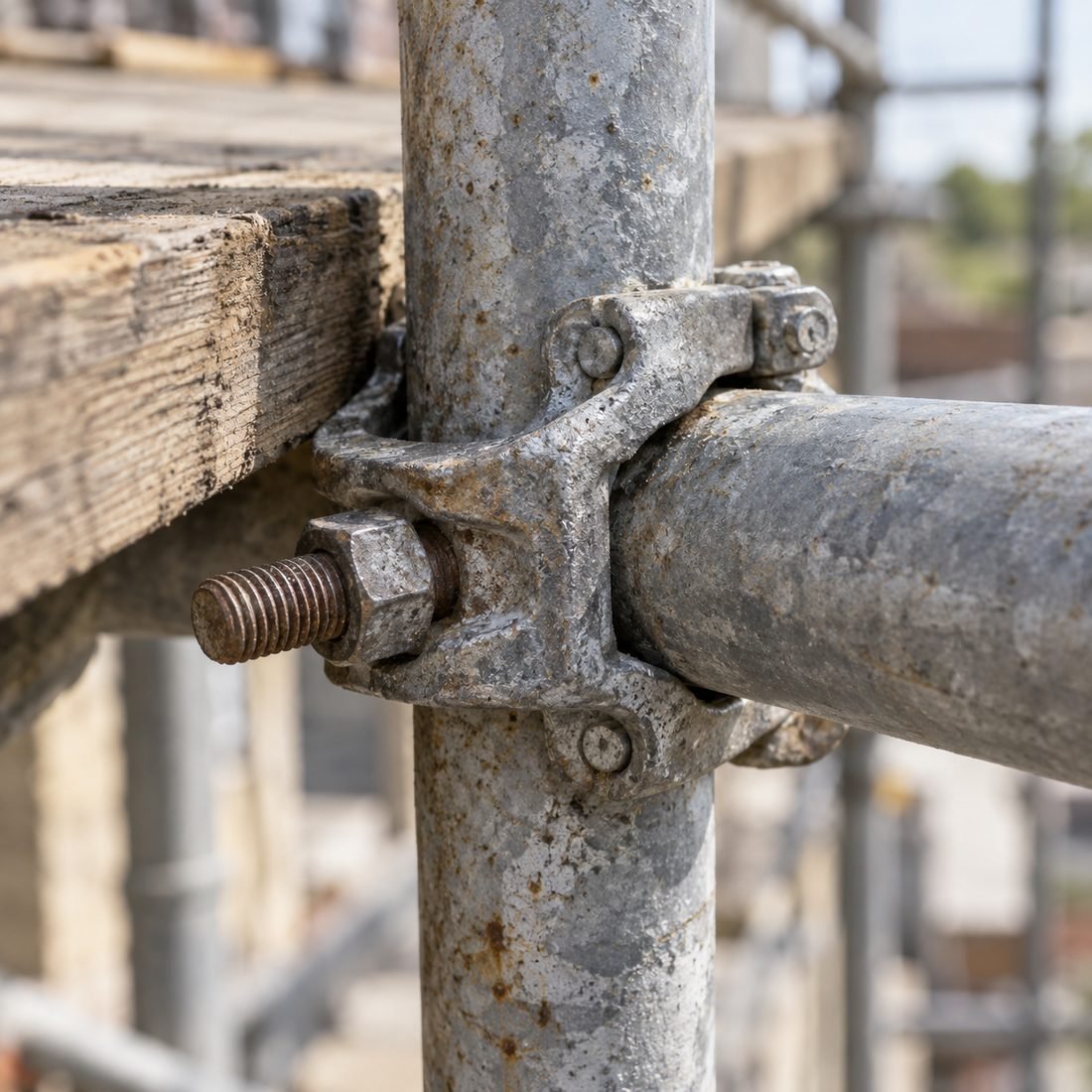 Close-up of a scaffold coupler clamping two galvanised tubes beside a timber scaffold board