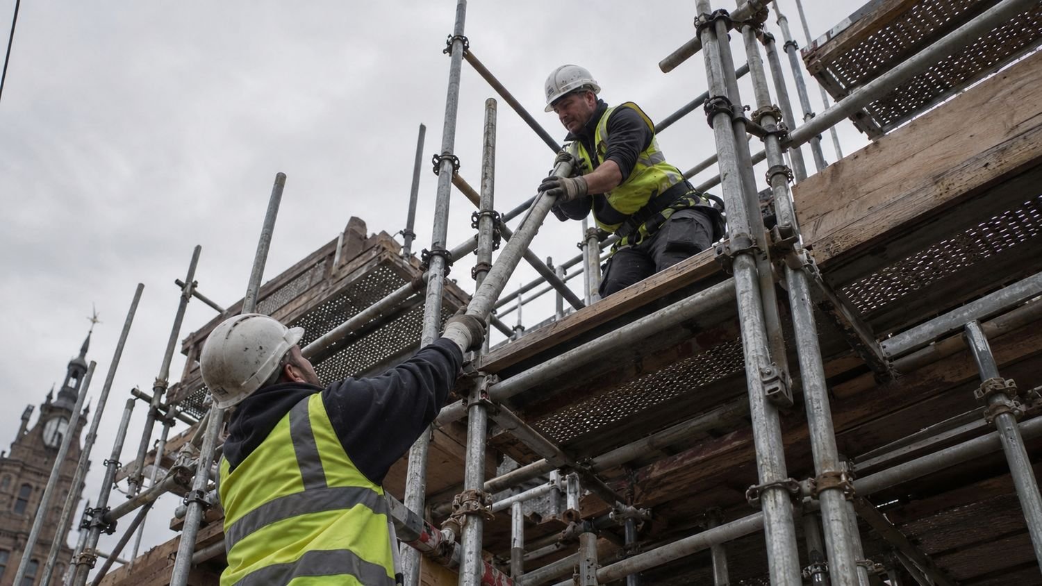 Two scaffolders in hi-vis passing a scaffold tube up to a boarded lift