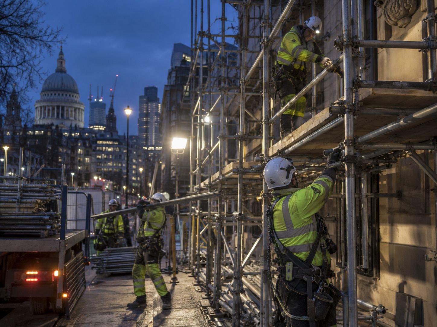Scaffolders erecting a scaffold under floodlights at dusk, with St Paul's Cathedral behind