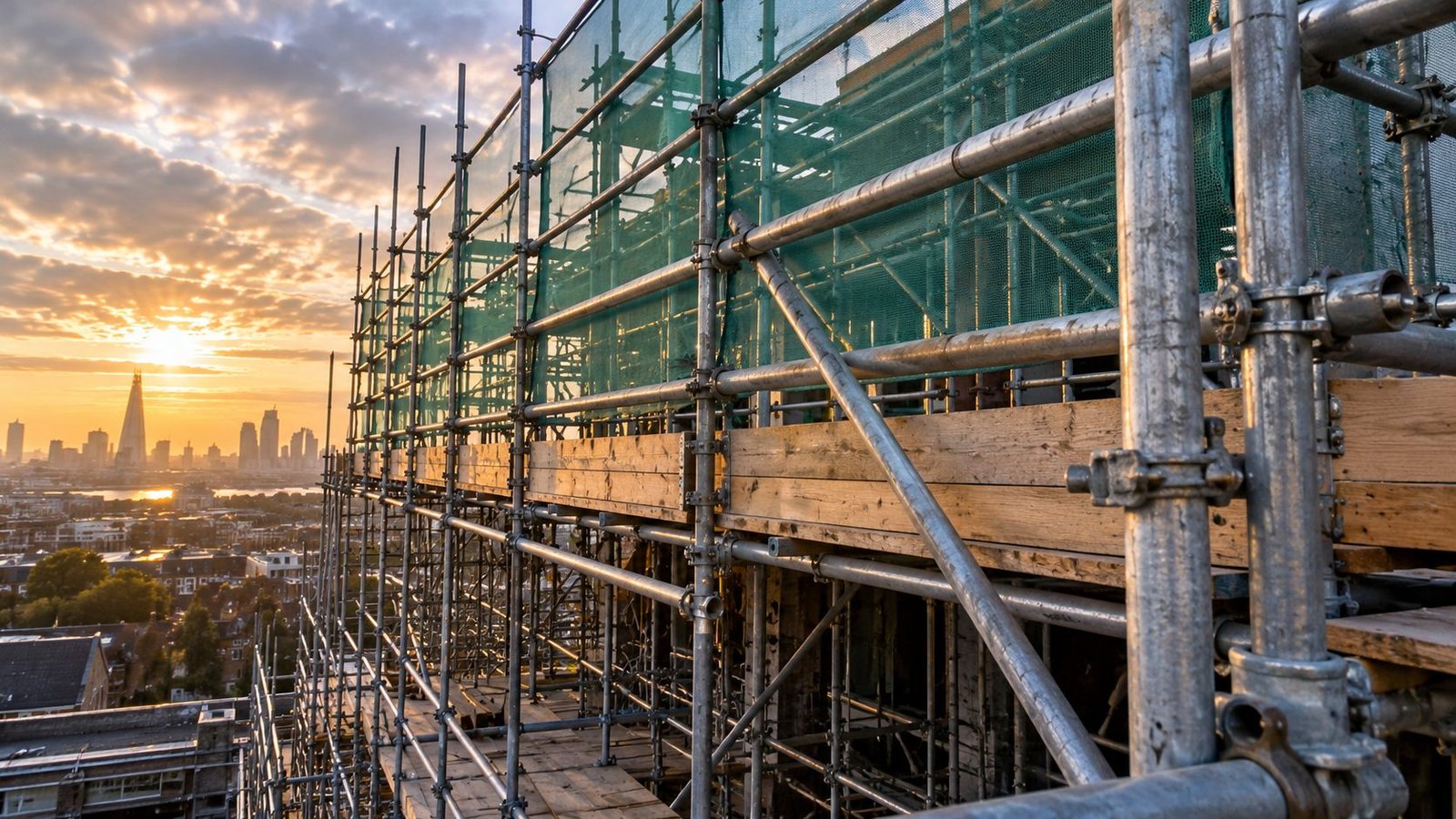 A boarded scaffold platform high above London at sunrise, with the city skyline behind